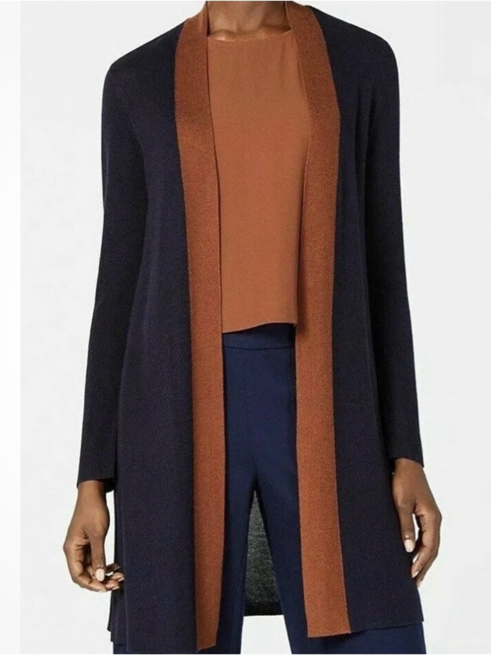 Eileen Fisher Cardigan Sweater Size 1X Lyocell Silk Navy Blue Brown Colorblock